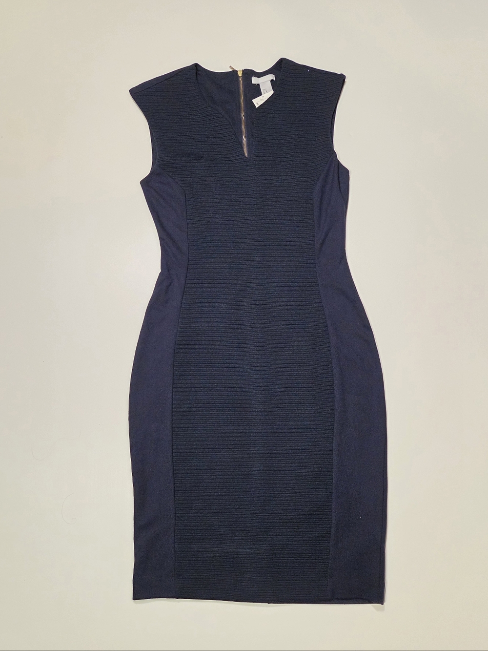 H&M Navy Blue Cocktail Pencil Dress Ribbed Textured Sheath Stretch Sz M Shapely